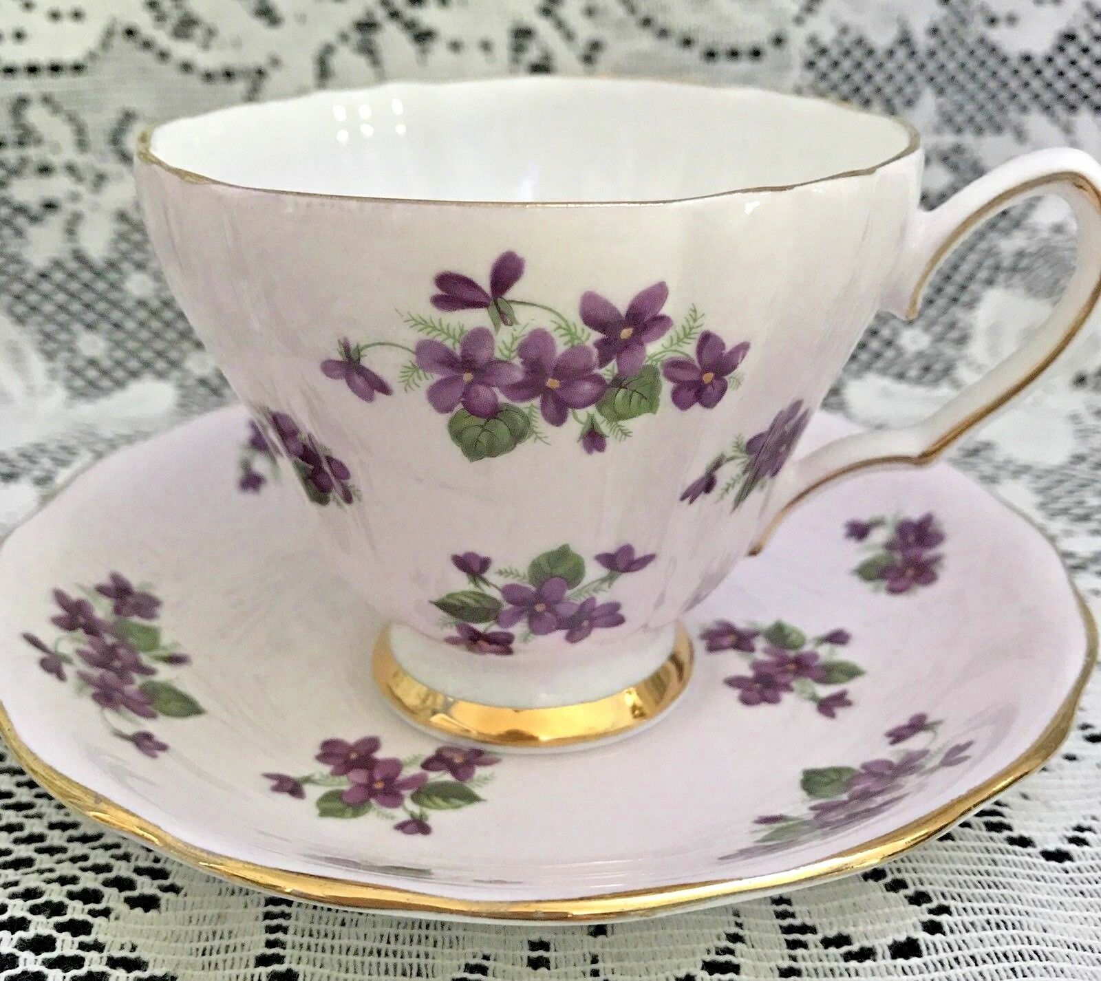 Colclough Teacup & Saucer, Purple Violets On Pale Pink China, Made In England