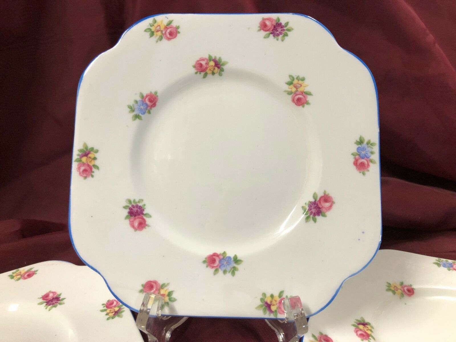 Colclough Bone China~floral Spray~pink And Blue Roses~4  6 1/8" Square Plates