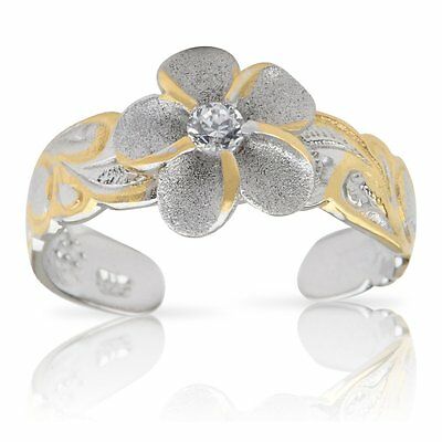 Hawaiian Jewelry Sterling Silver & 14k Gold Cz Flower Hawaiian Toe Ring