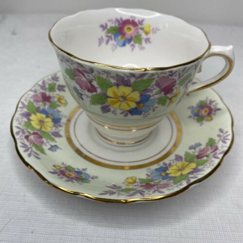 Colclough Bone China England Tea Cup And Saucer Yellow Blue Pink Flowers Gold