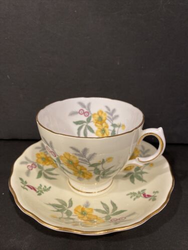 Bone China Footed Tea Cup And Saucer By Colclough England Light Yellow Flower De