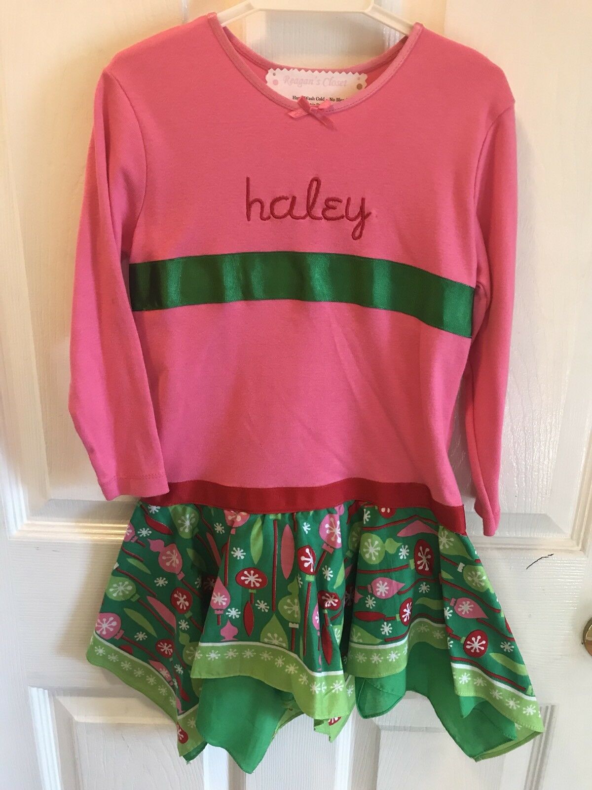Handmade Embroidered Personalized  “haley” Handkerchief Christmas Dress Size 3t
